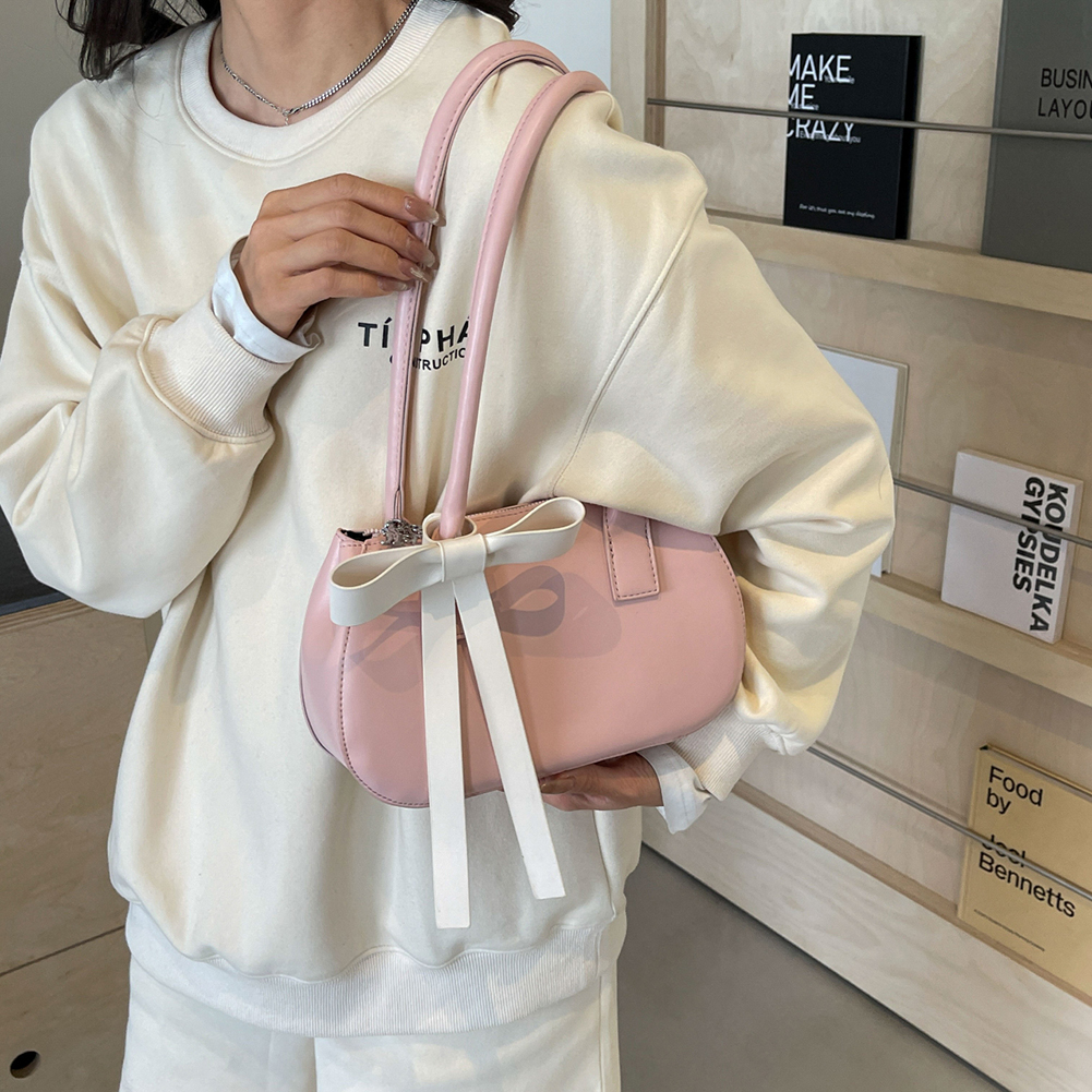 Women Leisure Armpit Handbag with Bow Fashion Shoulder Purse Contrast Color Travel Underarm Handbag Girls Outdoor Daily Bag