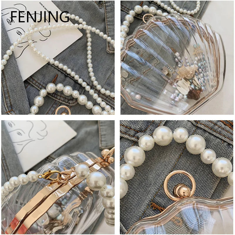 Womens Evening Bag Transparent Shell Bag Clutch Box Handbag Pearl Chain Cross Body Bag Acrylic Wallet Shoulder Bag 241106
