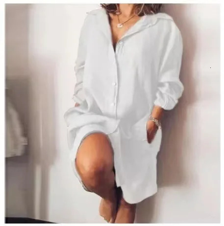 Autumn Cotton Linen Womens Shirt Dress Long Sleeve Solid White Casual Dresses Female Summer Women Plus Size Blouse 240407