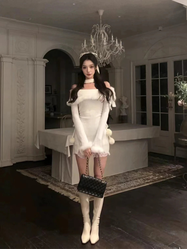 Winter Christmas Bodycon Knitted Mini Dress Womens Casual Long Sleeve Sweet and Elegant Party One Piece Dress Korean Fur 241106