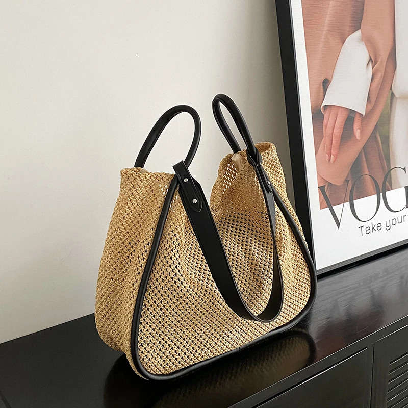 Straw Bag Women Hand-Woven Handbag Quality Leather Shoulder Bags Beach Lager Capacity Shopping Bag Rattan Bucket bolsos 241031
