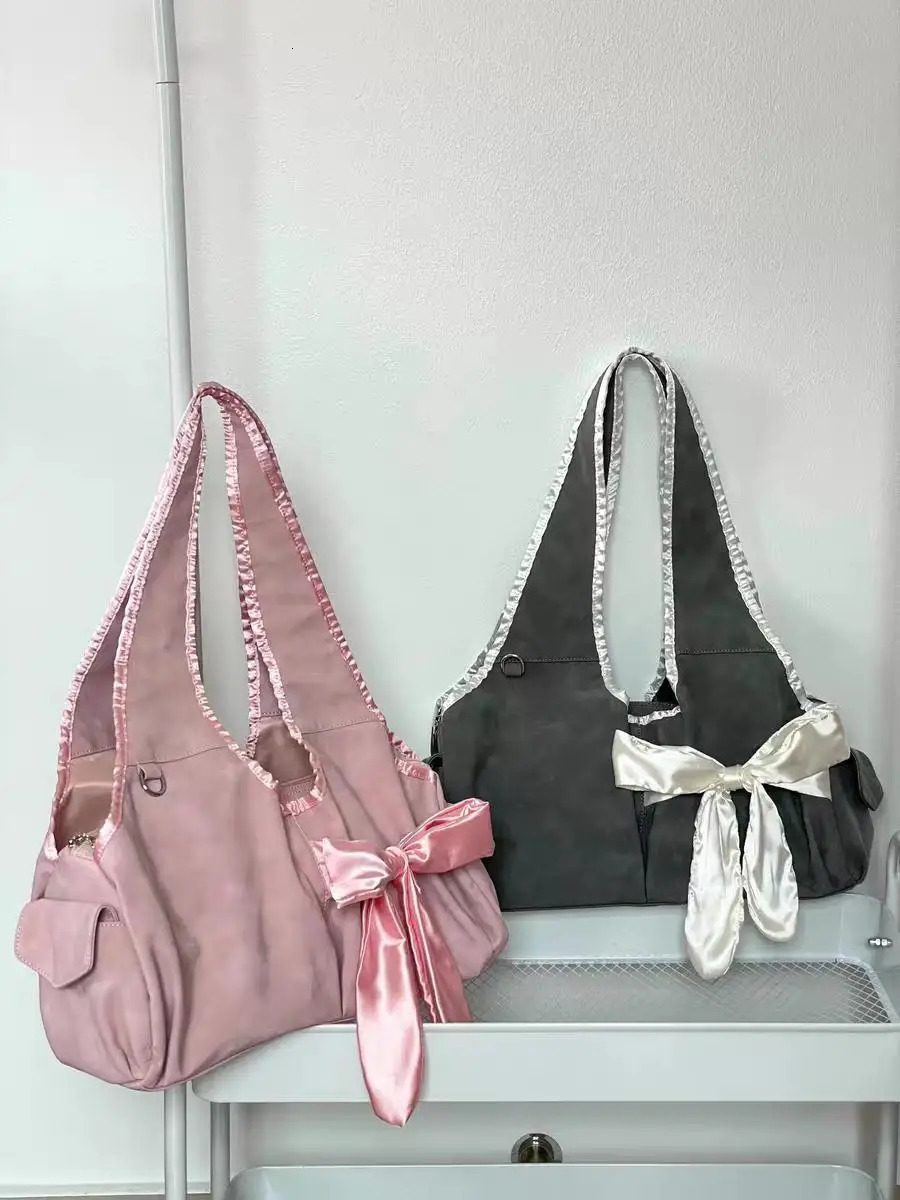 JIAERDI Harajuku Large Capacity Handbag Womens Fairycore Aesthetic Bow Unique Grey Handbag Womens Retro Cute Shoulder Bag 241106