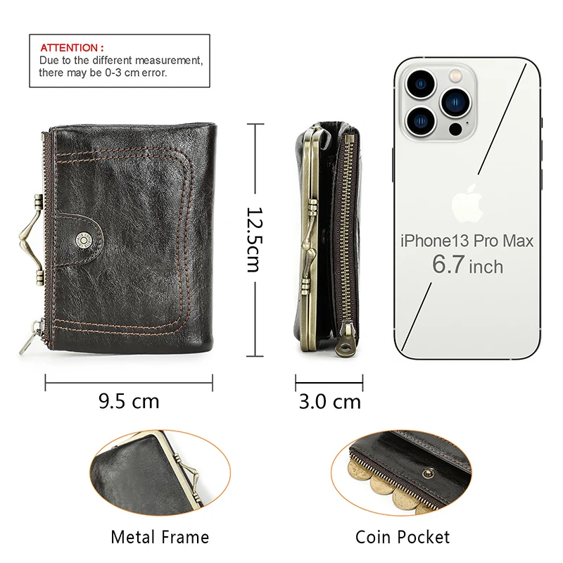 Genuine Leather Clutch Bag Women's Small Metal Frame Purse Clasp and Zipper Coin Pocket for Credit Card Holder Wallets