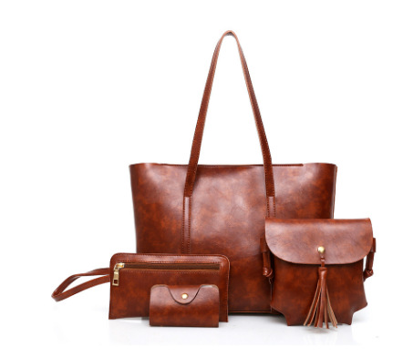 2021 new European and American fashion women's bag oil wax leather picture-mother bag four-piece single-shoulder messenger bag