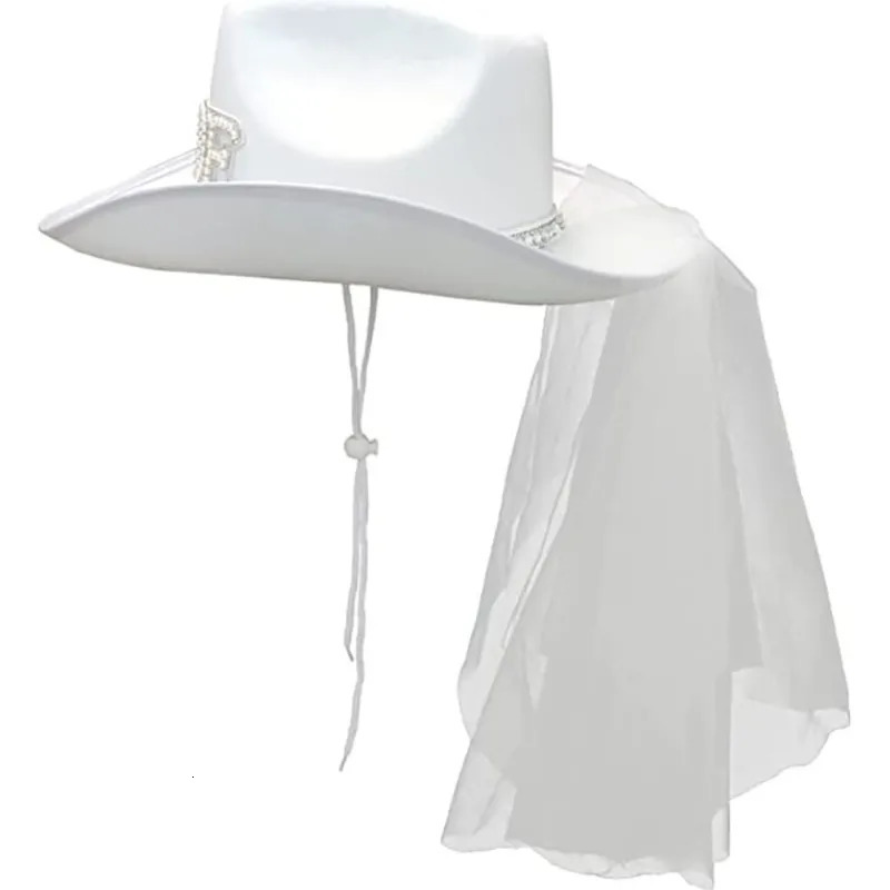 Happy Wedding Bridal Cowboy Hat Fashion Pearl Diamond Veil Bridal Cowboy Hat Western Wedding Valentines Day Party Decoration 241106