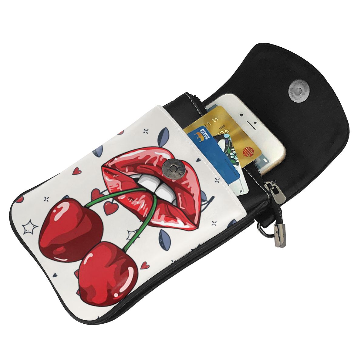 Fashion Cherry Print Mini Messenger Bag Women Adjustable Leather Strap Shoulder Pouch Cell Phone Casual Lady Handbag