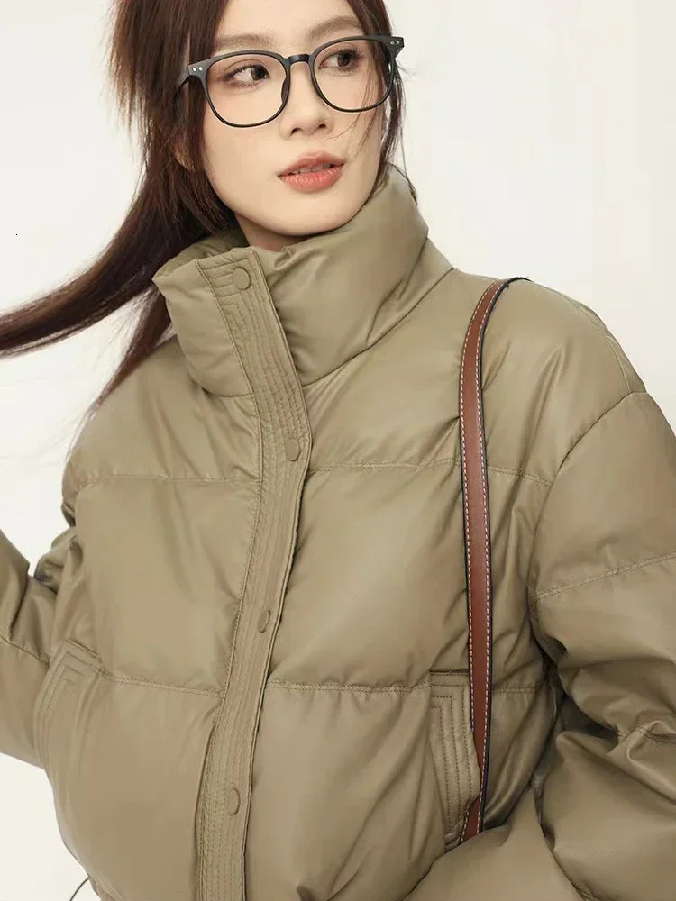 Winter Warm Short Parkas Womens Y2K Fashion Pu Leather Crop Inflatable Jacket Womens Loose Street Clothing Zipper Down Jacket 241107