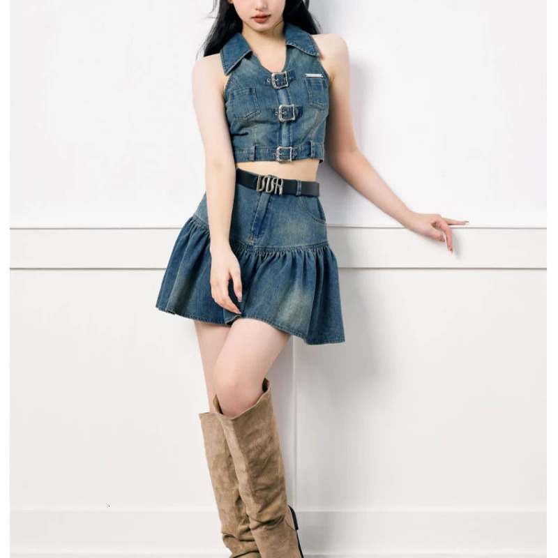 Vintage Y2K Skirts Two Pieces Set Gothic Womens Denim Camisole Vest with Mini A-line Pleated Skirt Suits Summer Outfits 241107
