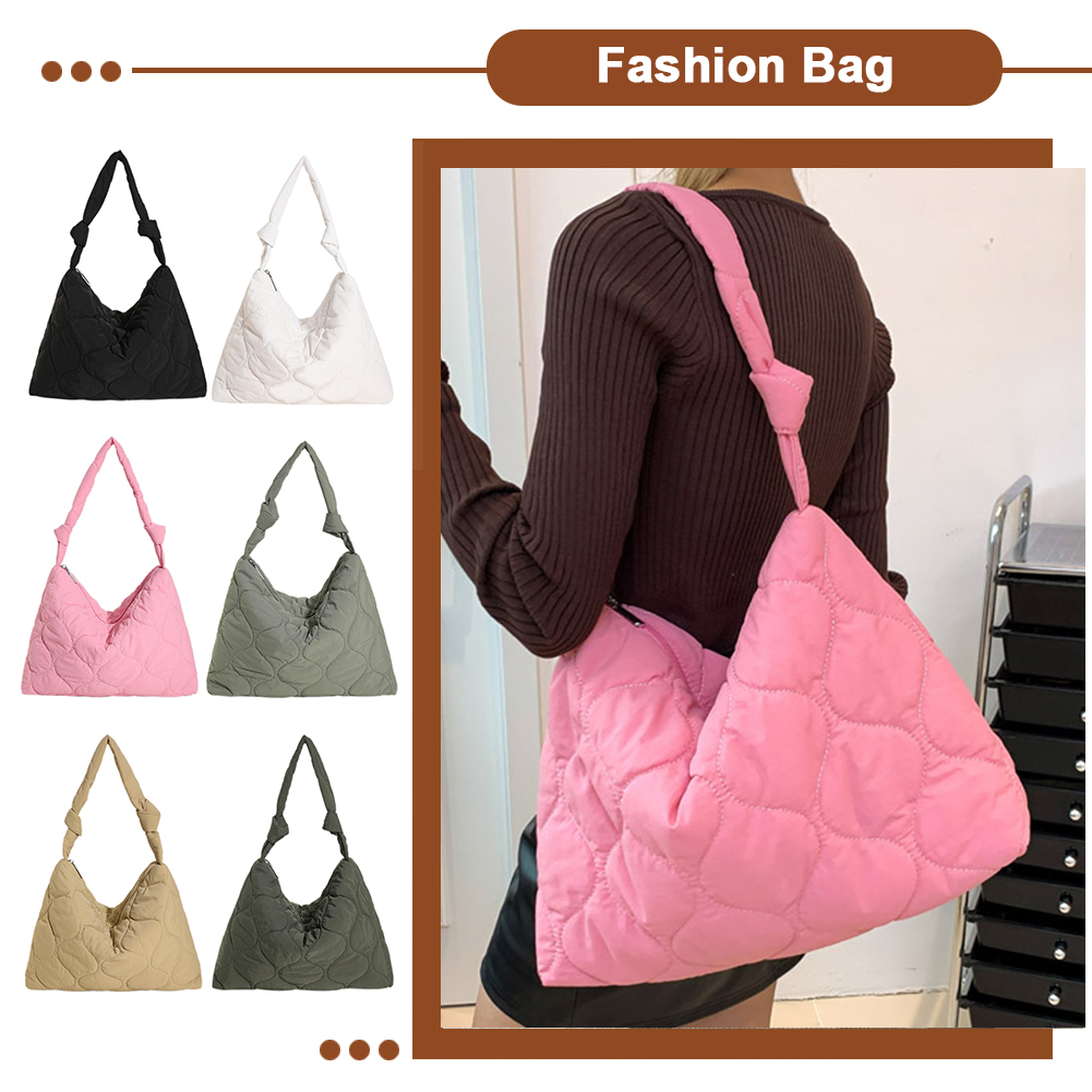 Women Padding Shoulder Bag Large Capacity Quilted Tote Bag Lightweight Cloud Puffer Bag with Zipper Fall Winter Female Bag
