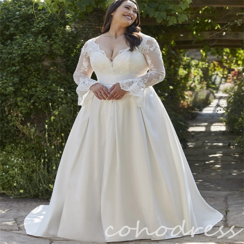 Minimalist Plus Size Wedding Dresses V Neck Lace A Line Country Bridal Gowns Eleagnt Sweep Train Satin Garden Bride Dress Robe De Mariee Satin Vestio 