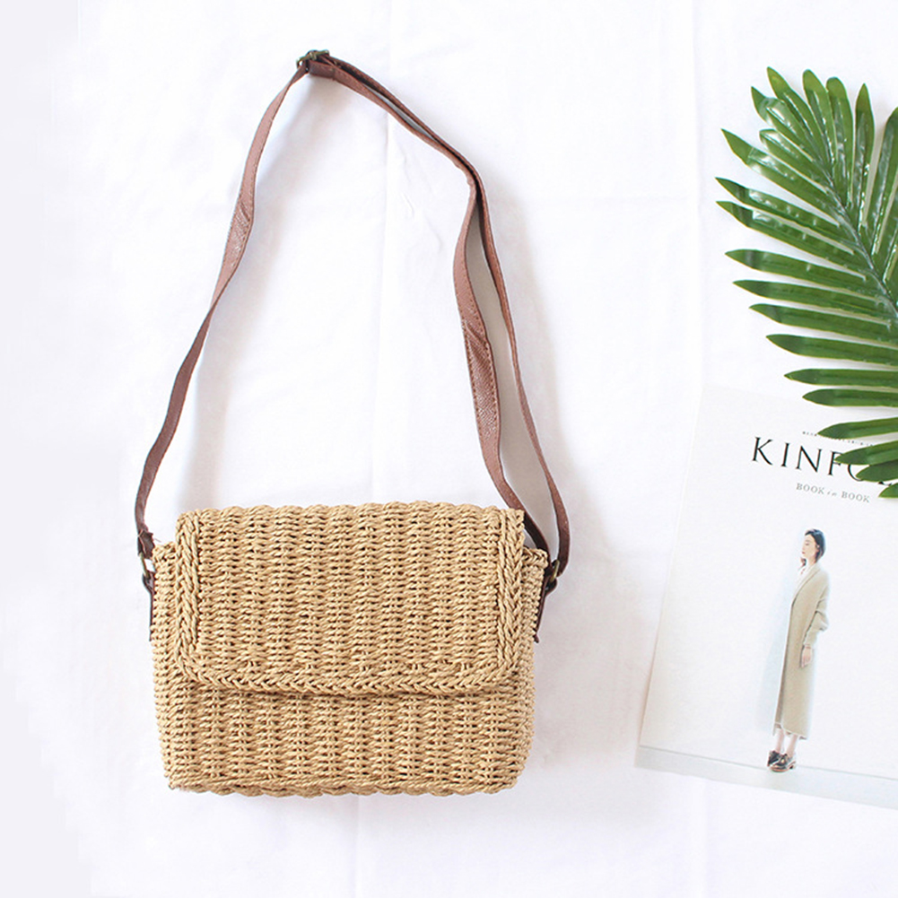 Women Weave Straw Bag Seaside Crossbody Bag Vintage Summer Straw Beach Bag Adjustable Strap Handmade Chic Hobo Bag