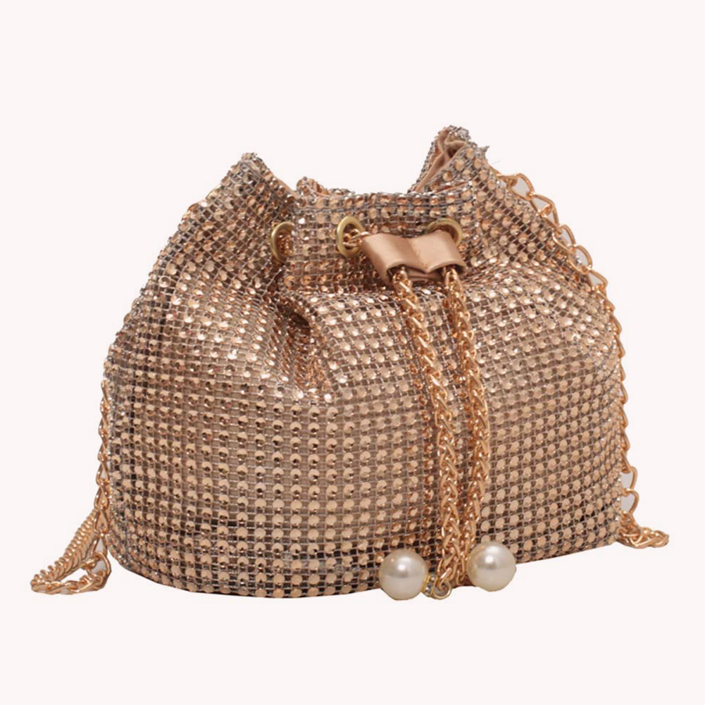 Women Chain Crossbody Bag Solid Color Rhinestone Luxury Shoulder Bag Drawstring Fashion Bucket Bag Female Dating Bag