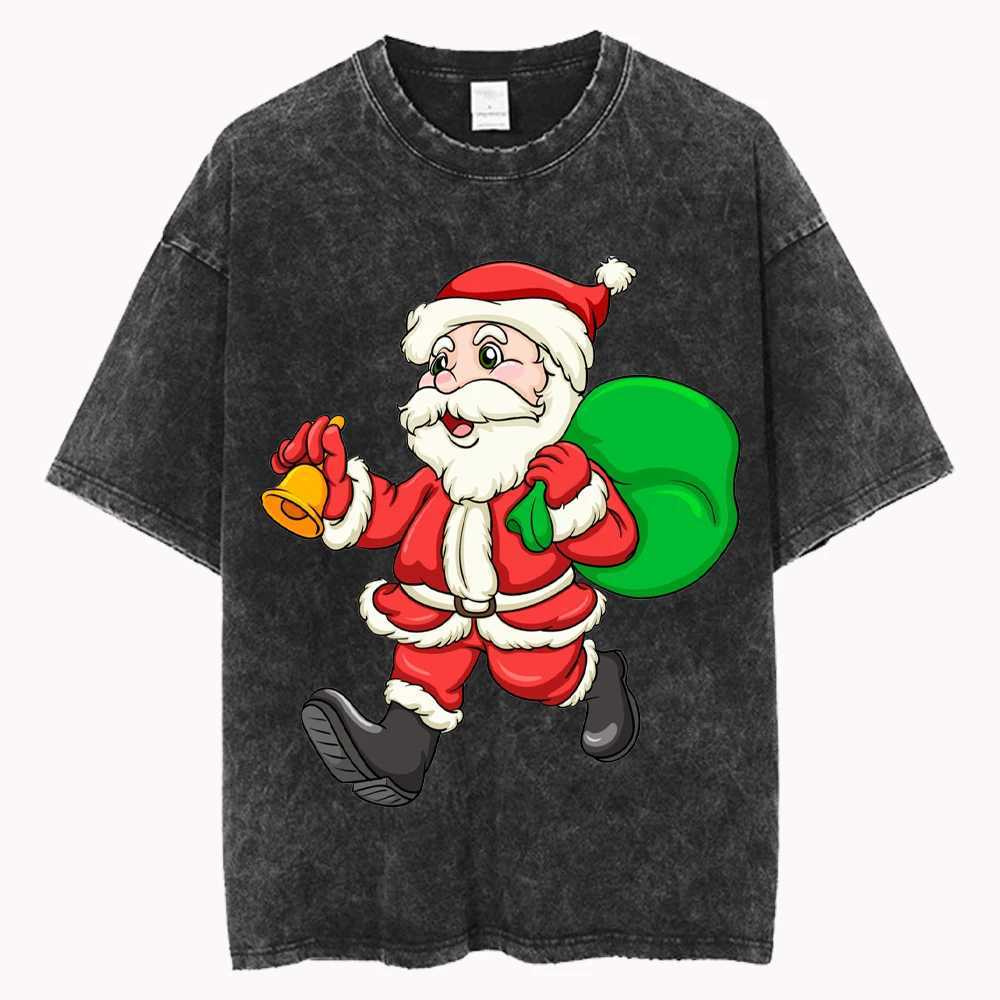 Super sized Santa Claus cotton washed T-shirt for women loose O-neck T-shirt Christmas Y2k casual retro short sleeved top X241107