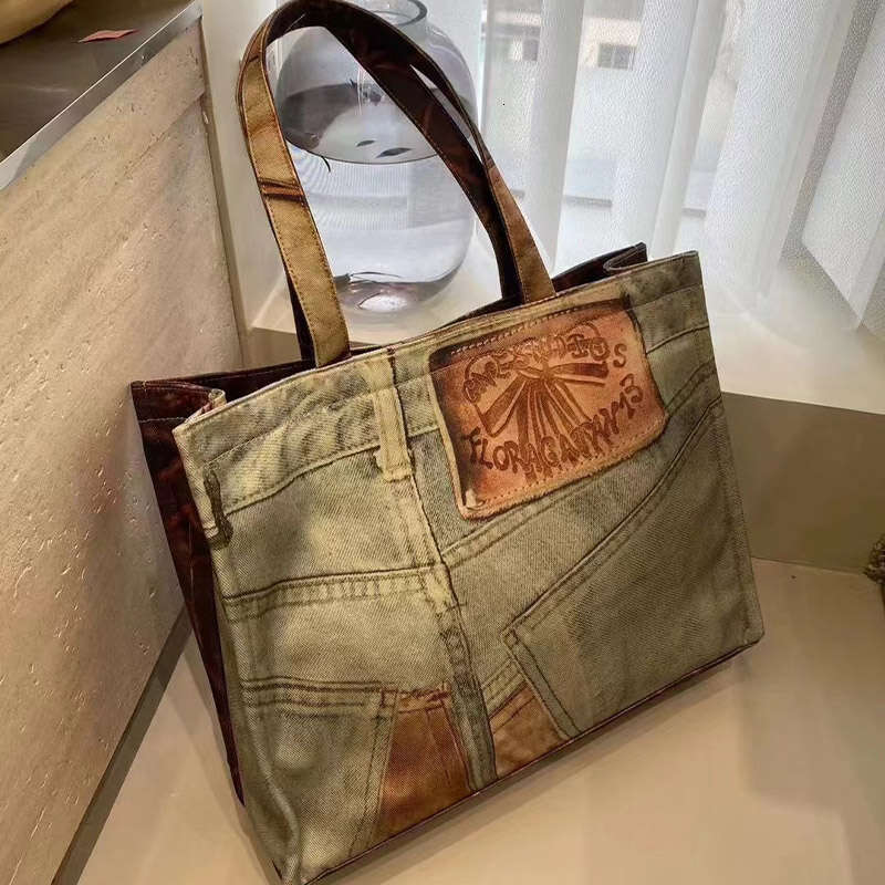 2024 OLOEY Spring and Summer New Retro Distressed Printed Shopping Casual Canvas Large Tote Mommy Women's Fashion Bag