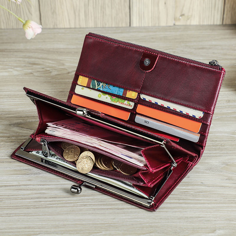 CONTACT'S Genuine Leather Wallets for Women Metal Frame RFID Card Holder Coin Purses Female Bag Luxury Designer Women's Purses
