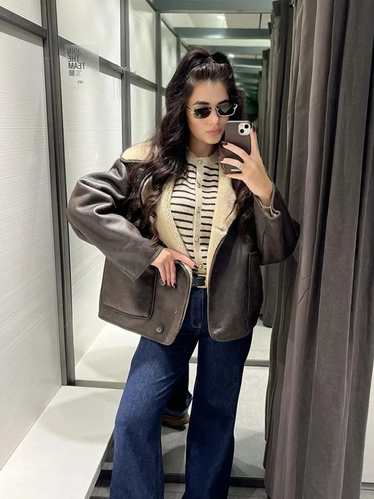 Woman Faux Fur Fleece Vintage Jacket Long Sleeve Single Breasted Casual Coat 2024 Ladies Female Warm Autumn High Street Outwear 241107