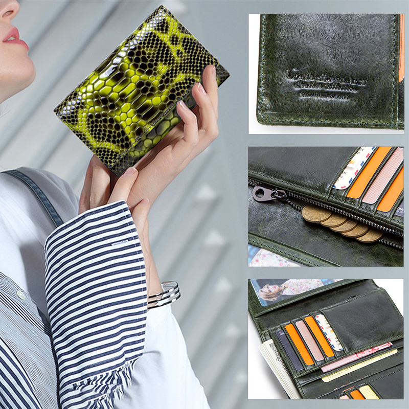 CONTACT'S Genuine Leather Wallets for Women Fashion Serpentine Design Card Holders Coin Purses Money Clip Female Bags Handbags