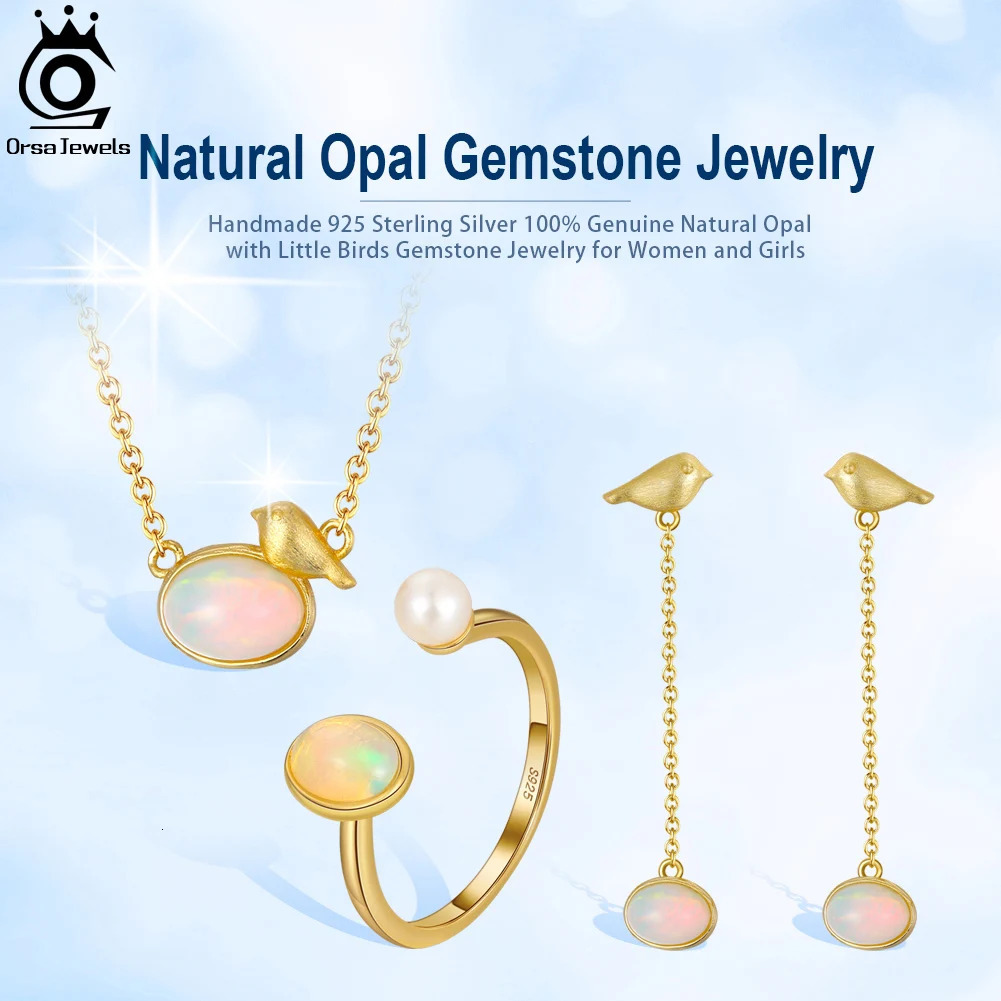 ORSA JEWELS 925 sterling silver natural opal earrings necklace ring set exquisite jewelry set for womens birthday gift SSGM02 241106