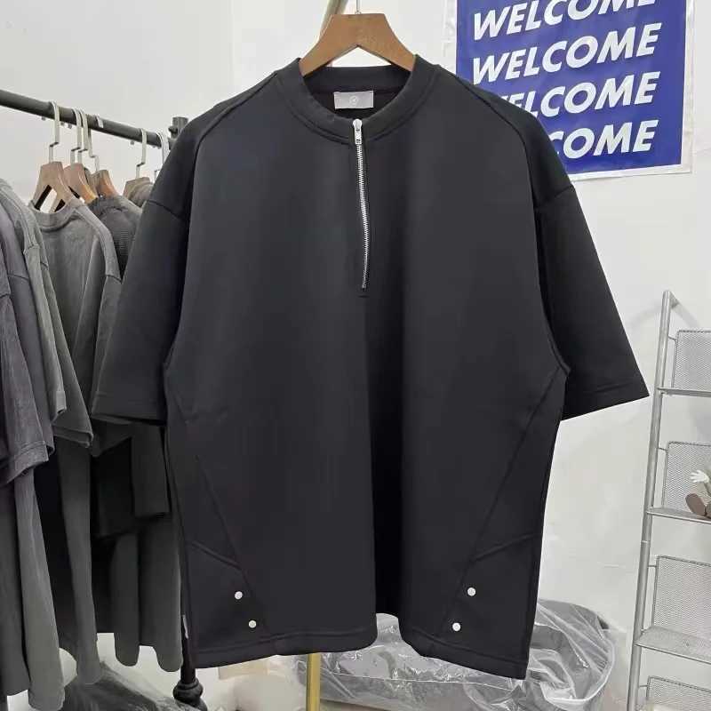 Men's T-Shirts Heavyweight Black Almond Half Zip Oversized T Shirt Mens Womens Quality Tops T Shirt Solid Oversize Tee J240402