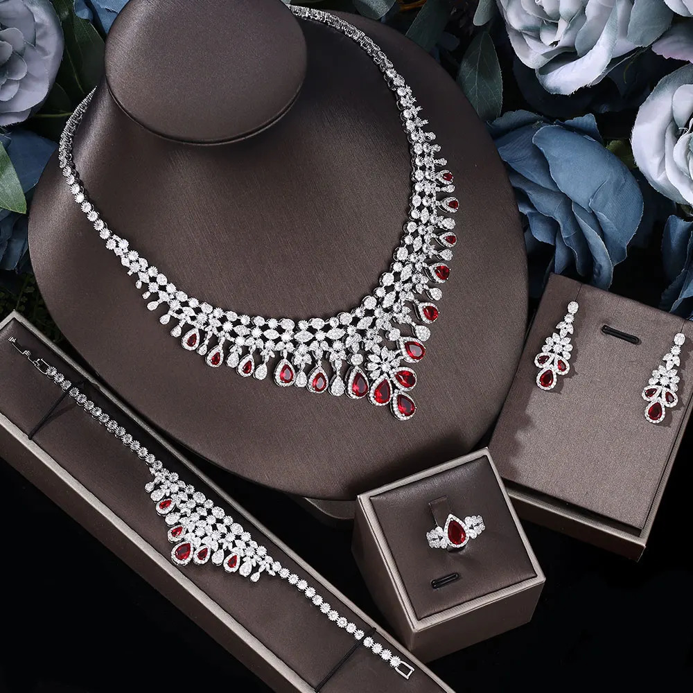 Zircon Super Tassel Water Drop Wedding Bridal Necklace Earrings 4-piece Nigerian Dubai Womens Jewelry Set 241106
