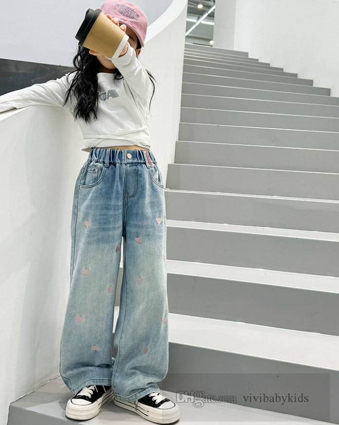 Big Girls pink love heart embroidery jeans kids straight wide legs pants winter teenagers thicken casual cowboy trousers S2454