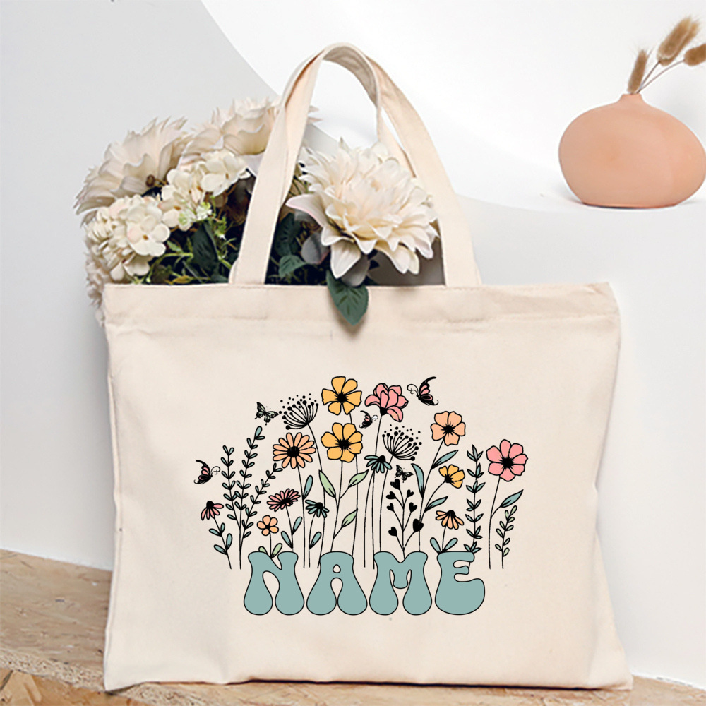 Personalized Flower with Name Tote Bag Women Canvas Shoulder Bags Monogram Shopping Bag Handbags Birthday Wedding Gifts For Her