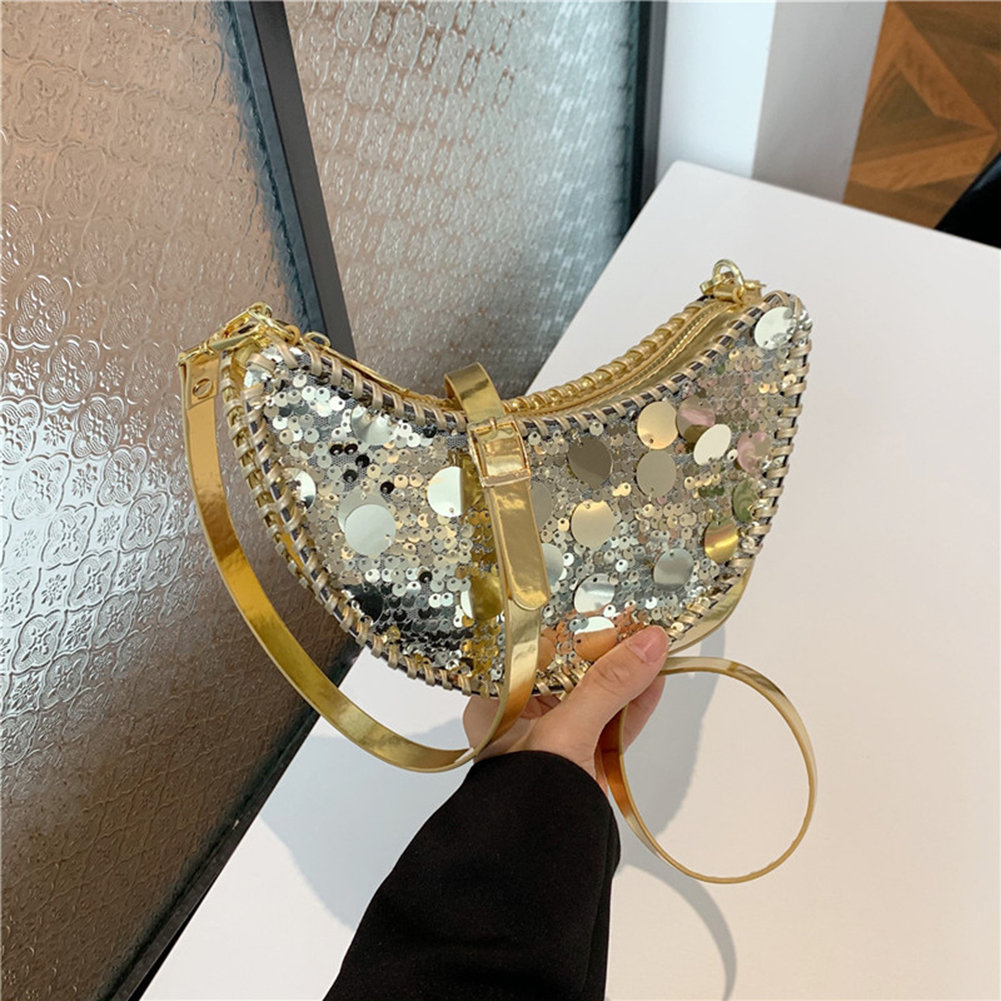 Glitter Sequin Crescent Bag Bling Fashion Handbag Sparkly Trendy Crossbody Bag PU Leather for Women Wedding Prom Cocktail Party