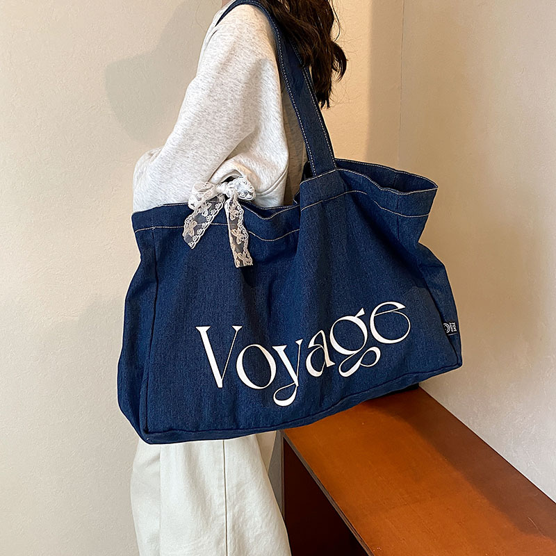 Oversized Double-sided Shoulder Bags For Women Denim Fabric Letter Decor Large Capacity Shopper Totes 2024 Summer Latest Handbag