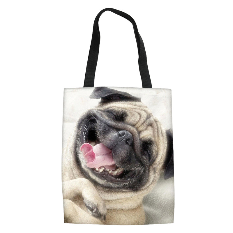 2021 New Cute Pug Printing Foldable Shopping Bags Women Shoulder Shopper Pouch Ladies Capacity Travel Storage Canvas Bag Torebki