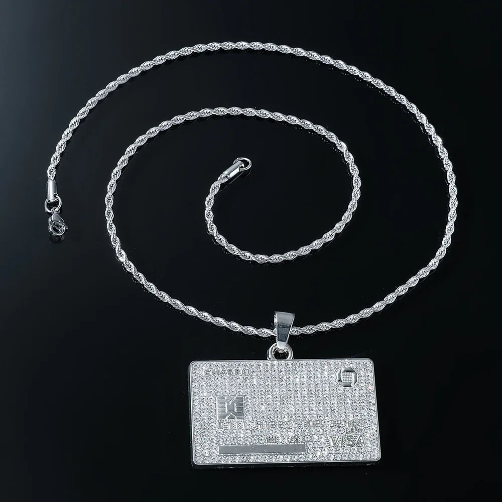 Mens Hip Hop Full Iced Out Credit Card Pendant Necklace With 13mm Width Cuban Chain Gold Color Necklaces Charm CZ Jewelry Gift 241106