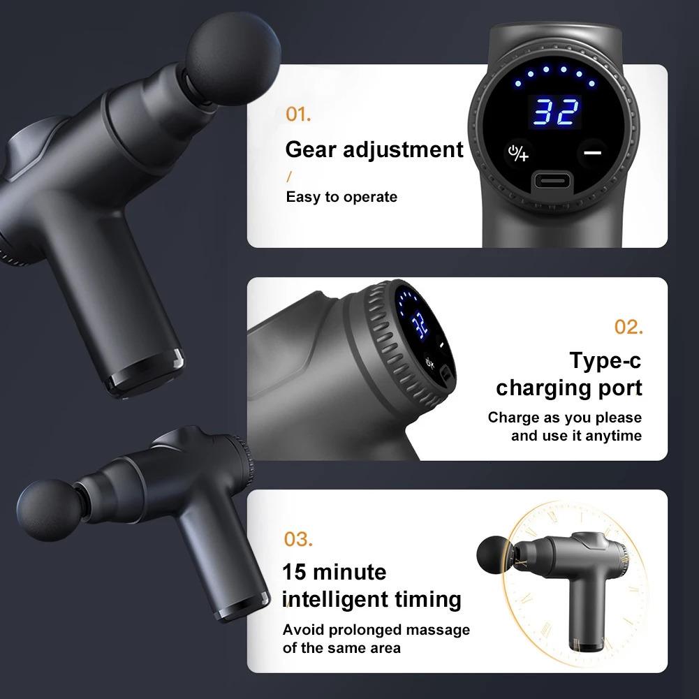 Electric Chiropractor Body Massager 30 Speeds Muscle Gun with 4 Heads Percussion Massage Device LCD Display for Athletes 241106