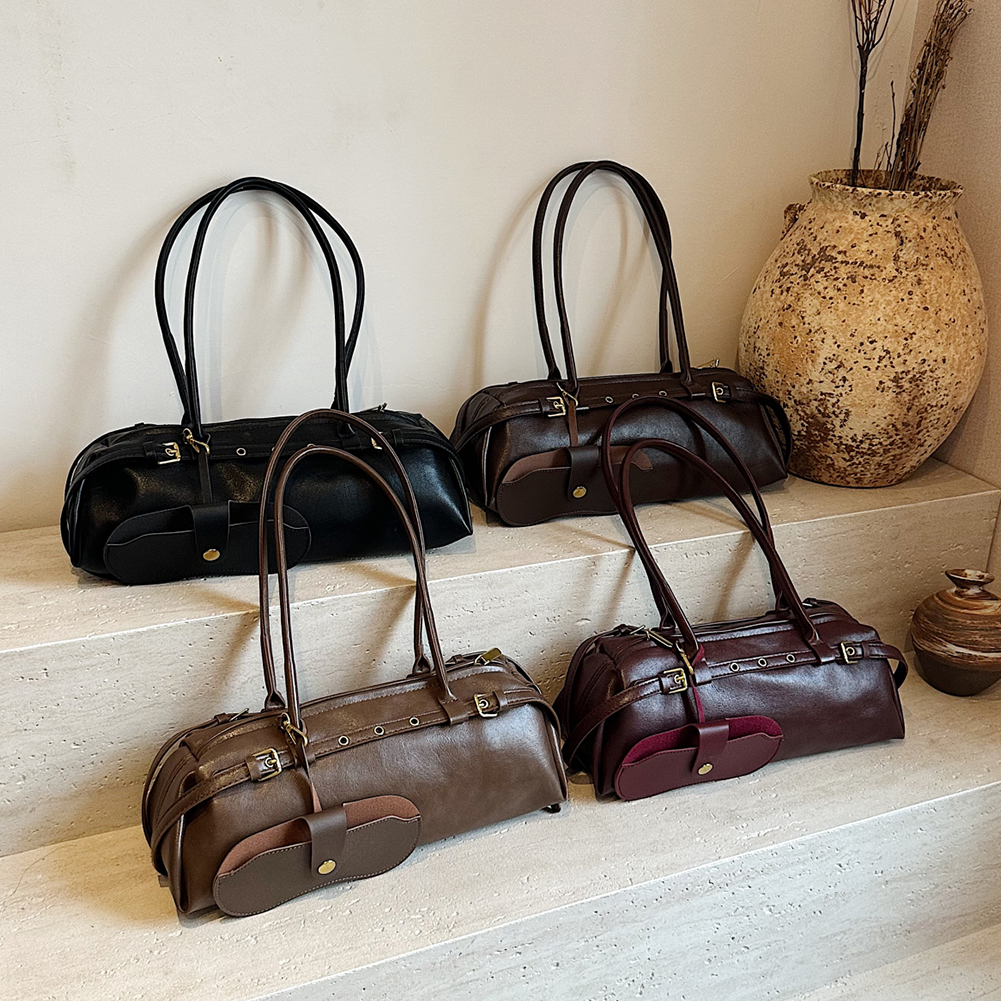 Boston Handbag for Women Solid Shoulder Bag PU Leather Casual Underarm Bag Retro Tote Bag Commuter Bag
