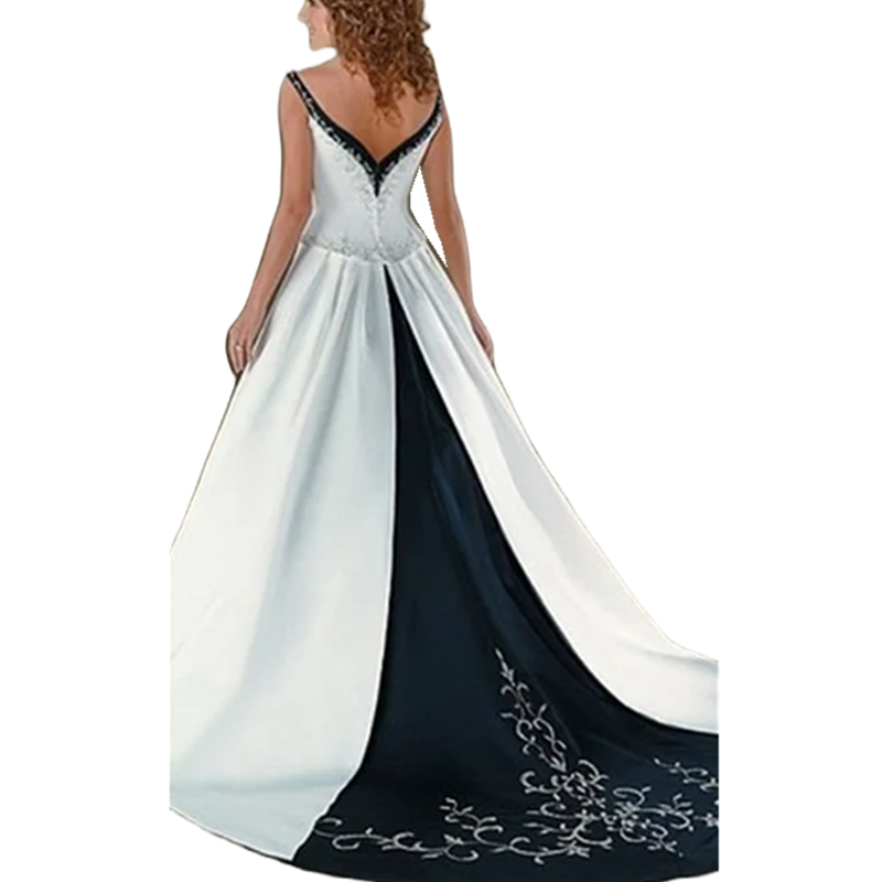 Elegant Satin Embroidery Wedding Dresses Sequins Beaded V-Neck A Line White And Dark Navy Bridal Gown Open Back Court Train Vestido De Novia 2024