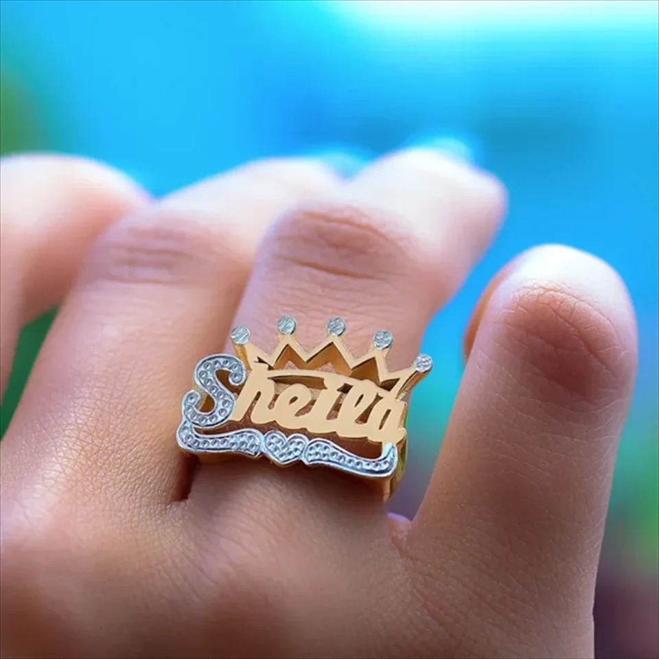 Name customized crown ring dual tone electroplated 3D ring handmade S925 silver custom name ring mens and womens gift 241106