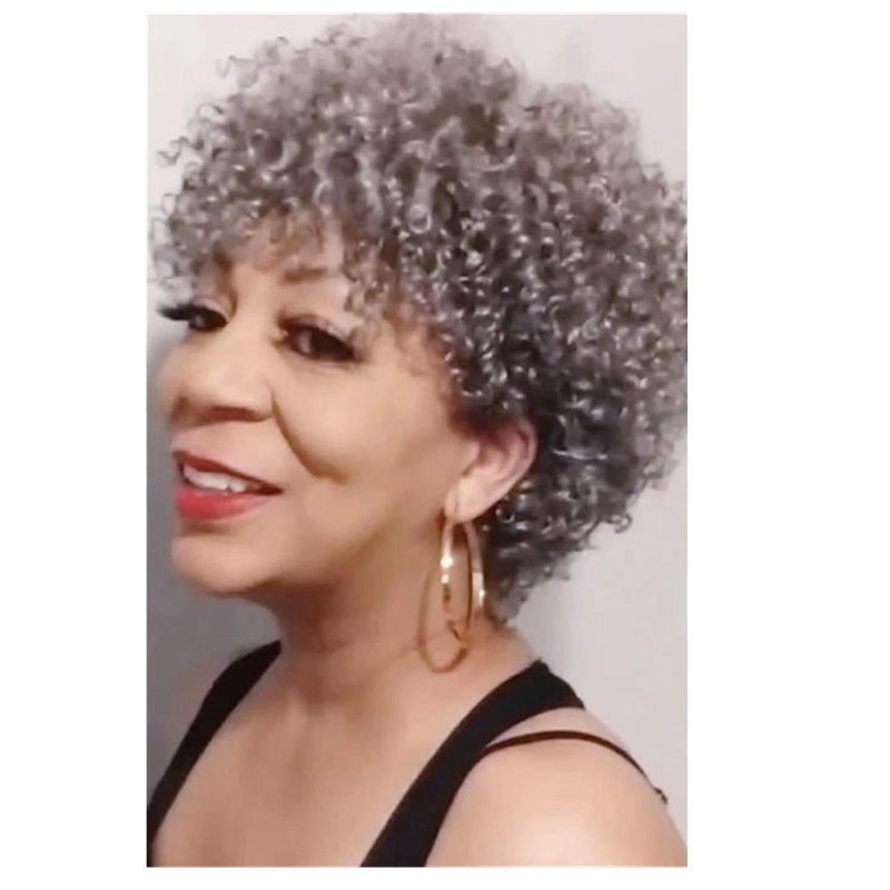 Grey Wig for Women Afro Kinky Curly Human Hair Wig Black salt and pepper silver Wig Glueless Gray Wig with Bangs Human Hair machine made none lace 150