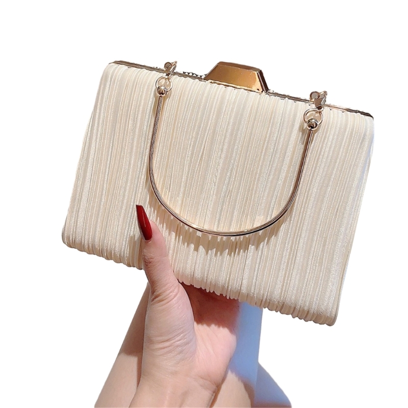 Women Elegant Pleated Evening Bag Top Handle Clutch Bag Banquet Party Handbag with Detachable Chain Strap Crossbody Shoulder Bag