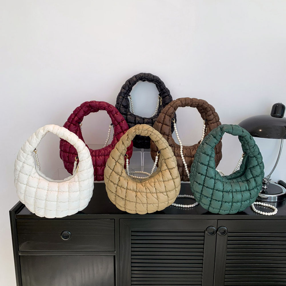 Women Quilted Shoulder Bag Solid Color Pearl Chain Sling Bag Large Capacity Padded Crossbody Bag Female Commute Bag