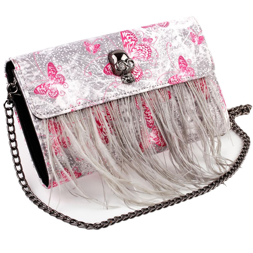 FB90022 Show Story Women's Girls Punk Skull Feather Gems Design Fashion Outdoor Evening Clutch Handbag Bag