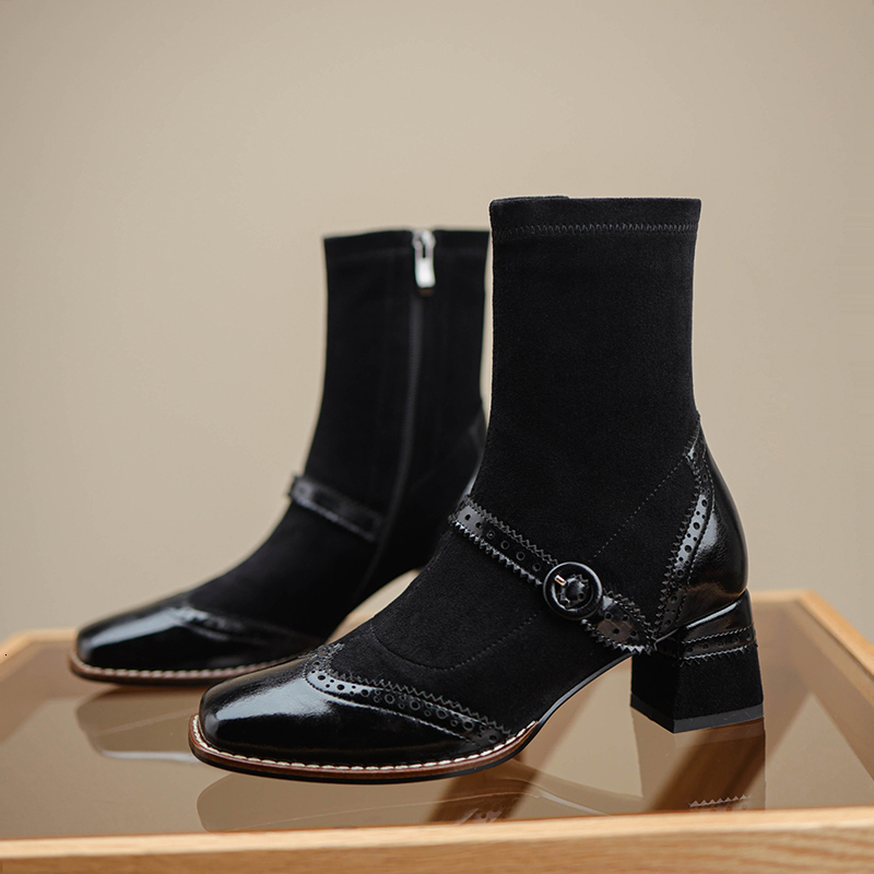 New Genuine Leather Winter Buckle ZIP Brogues Retro Round Toe Thick Heel Ankle Boots Fashion Ck Women Shoes