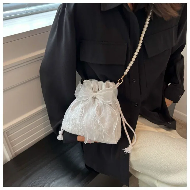 Lace Bow Bucket Crossbody Bags for Women Fashion Sweet Pearl Beading Pouch Ins Ladies Shoulder Handbags All-match Fairy Simple