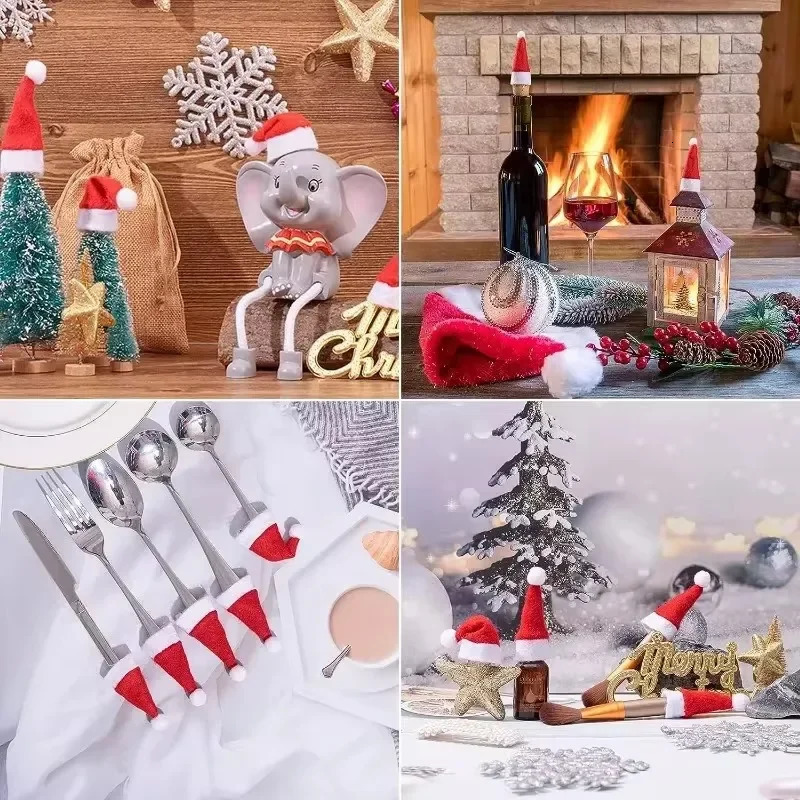 Mini wine bottle cap Santa Claus hat lollipop hat fork knife bag Christmas cutlery holder for home Christmas party decoration 241106