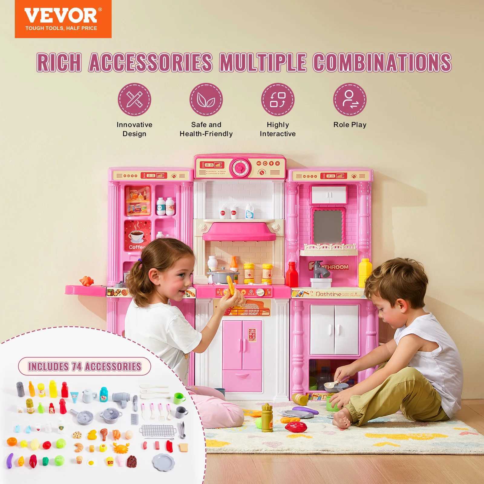 VEVOR Kitchen Cooking Toys for Kids 74 piece Chef Game Set with Sound and Light 3+Childrens Playhouse Kitchen Utensils X241107