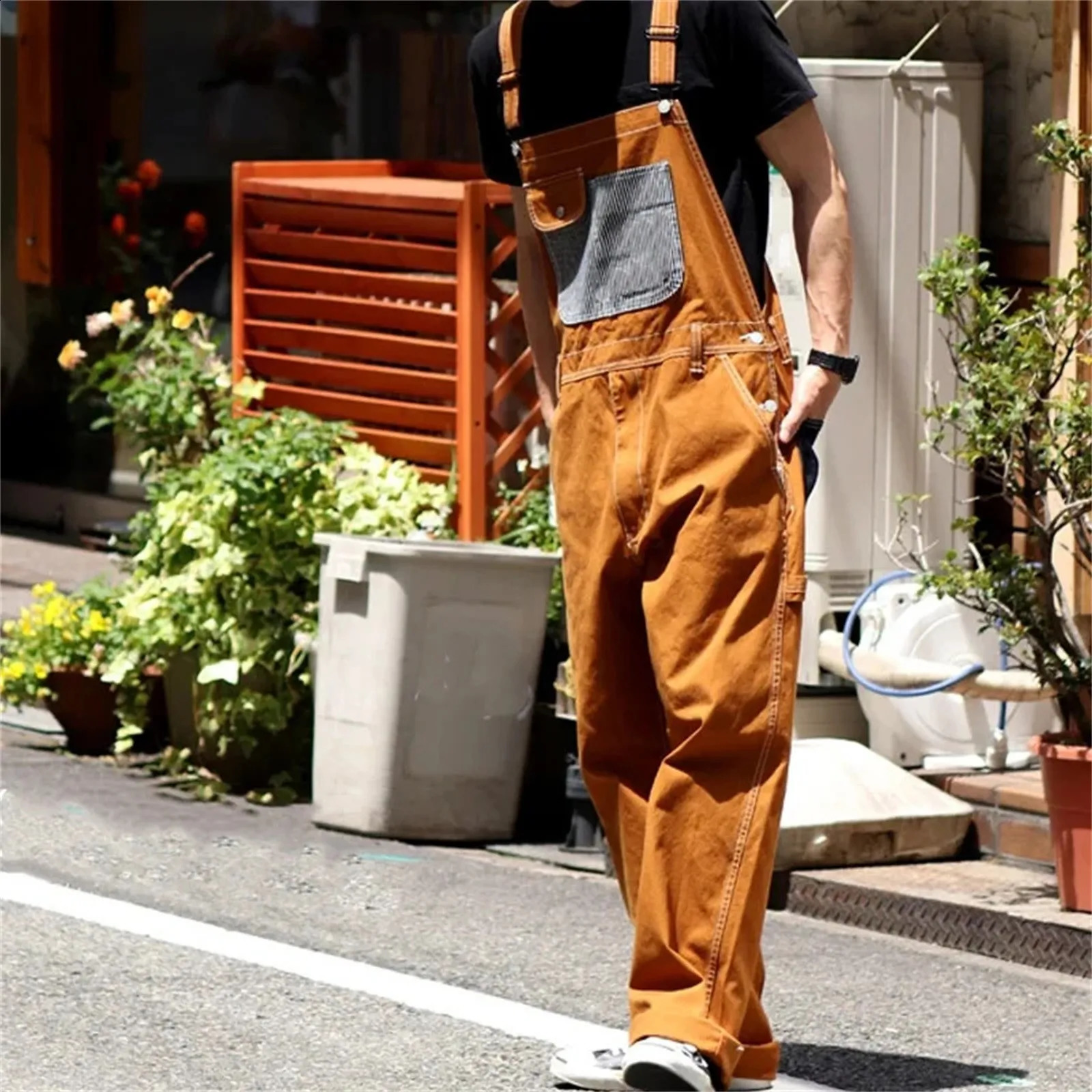 Fashion Men Jeans Bib Washed Jumpsuit Plus Size Streetwear Solid Color Pockets Loose Strap Suspenders Workout Pants Cargo 240401