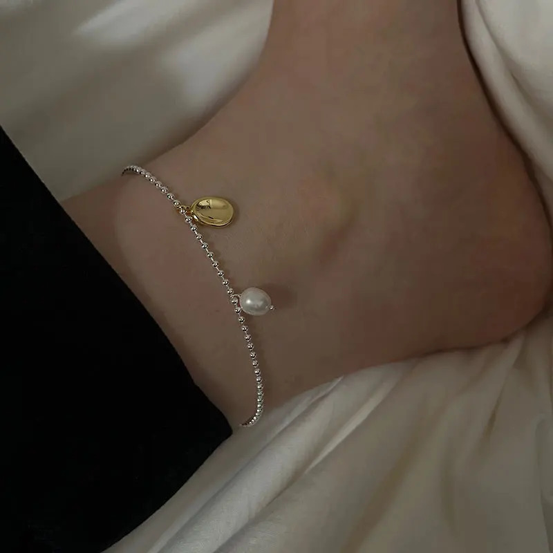 Real 925 pure silver bead necklace for women golden geometric oval charm ankle bracelet for women barefoot jewelry 241107