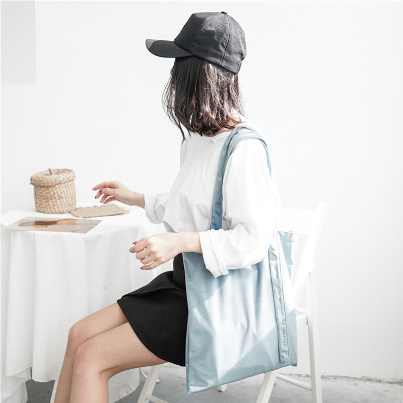 Women Velour Shoulder Bag Embroidery Letters Canvas Totes Handbags Soft Cotton Cloth Bag Ribbon Strap Square Shopping Bags