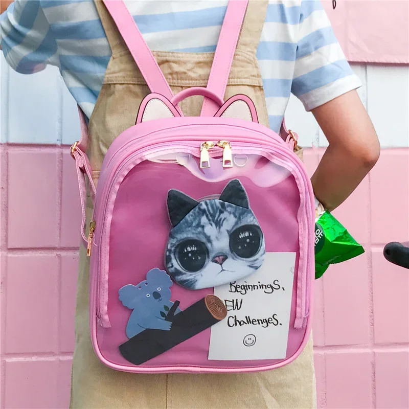 Cute cat ear leather backpack candy color transparent bag womens shoulder bag school teenage girl travel bag Itabag 241107