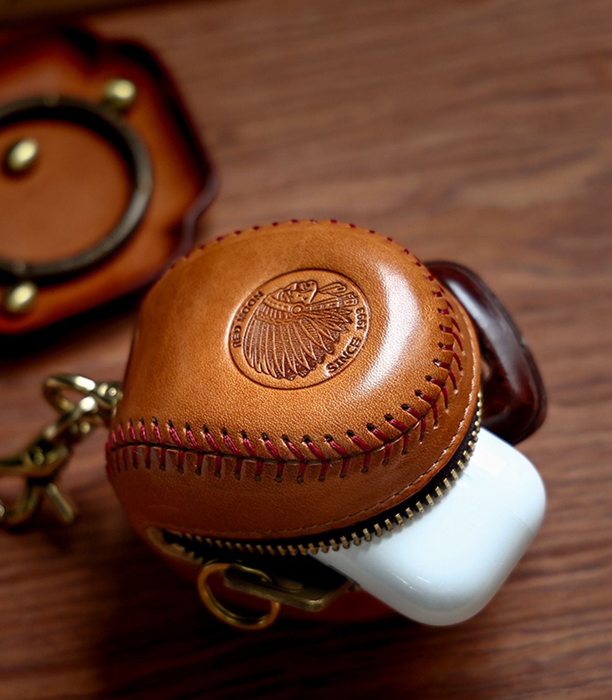 Handmade Vintage Vegetable Tanned Cowhide Leather Baseball Coin Purses Luxury Genuine Leather Zipper Key Holder Earphone Bag