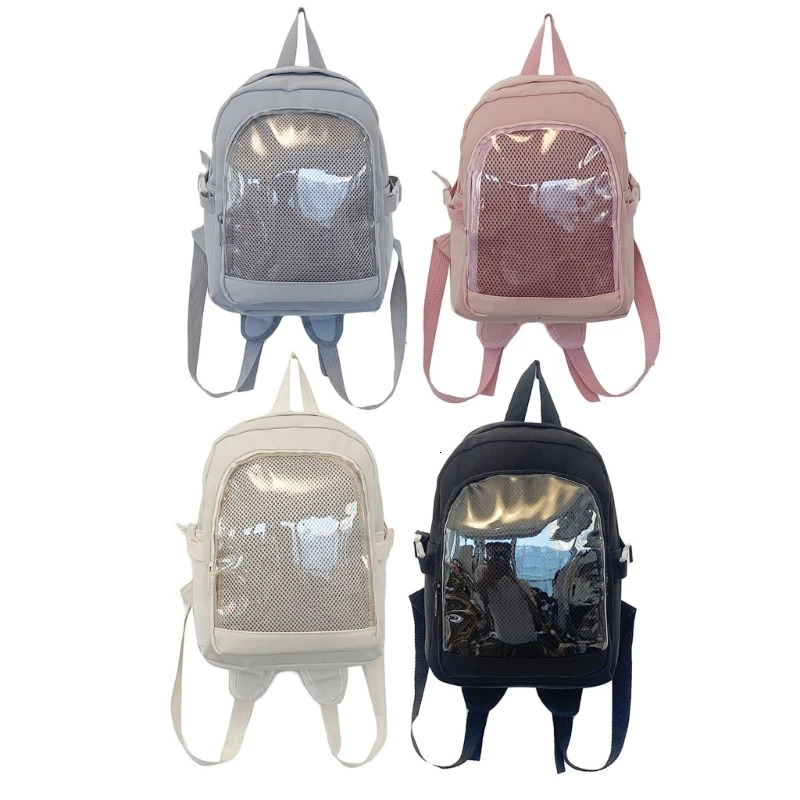 Japanese Womens School Girl Nylon Backpack Transparent Anime Pin Display Itabag School Bag Belt Transparent Pocket 241107