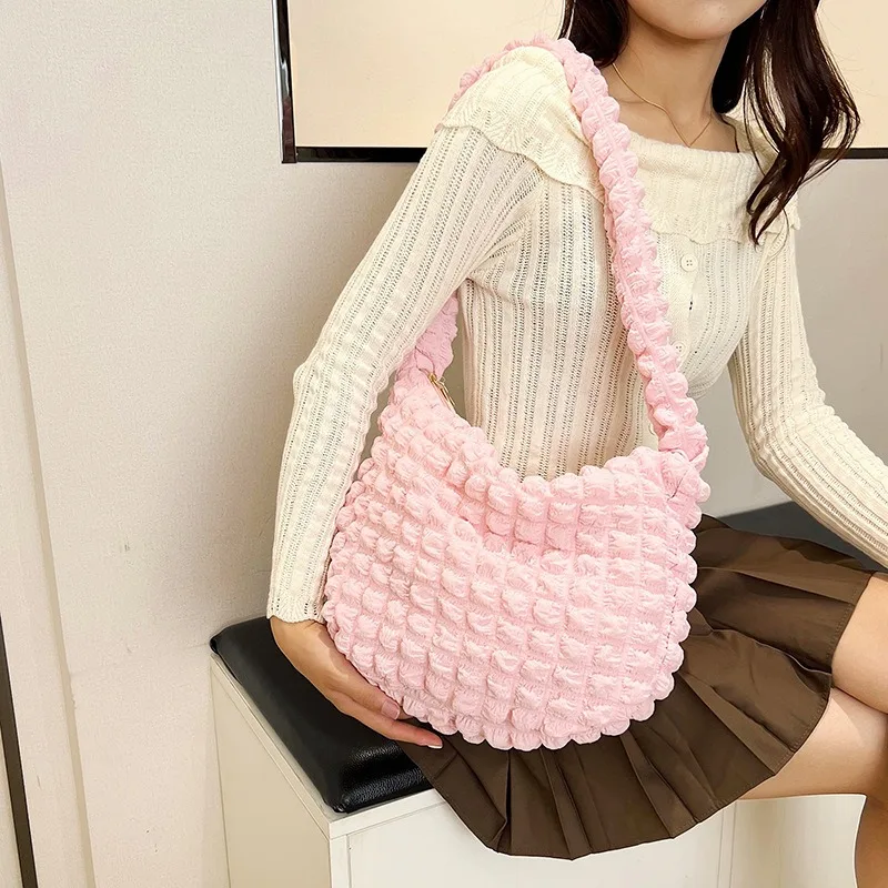 Crossbody Bag With Pleated Design Embroidered Plaid Shoulder Bag Underarm Bags Simple Large Capacity Quilted Tote Bags For Women