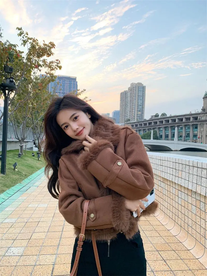 Krean Fashion Brown Fur Thick Motorcycle Coat Womens Winter Dress ly Issued Premium Thick Short Jacket Womens Top 241107